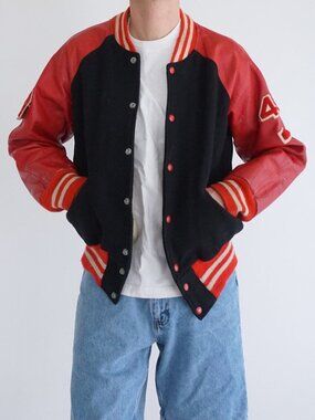 1060's Speedline Black Red Letter Patch Athletic College Snap Button Jacket M